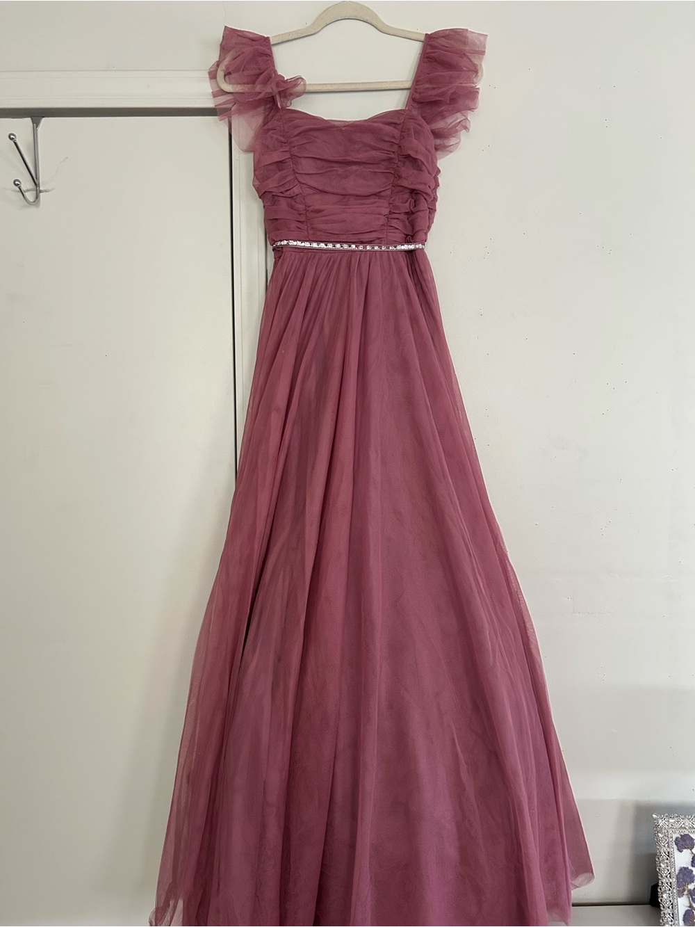 Rose-Mauve Tulle Formal Dress with Rhinestone Waist